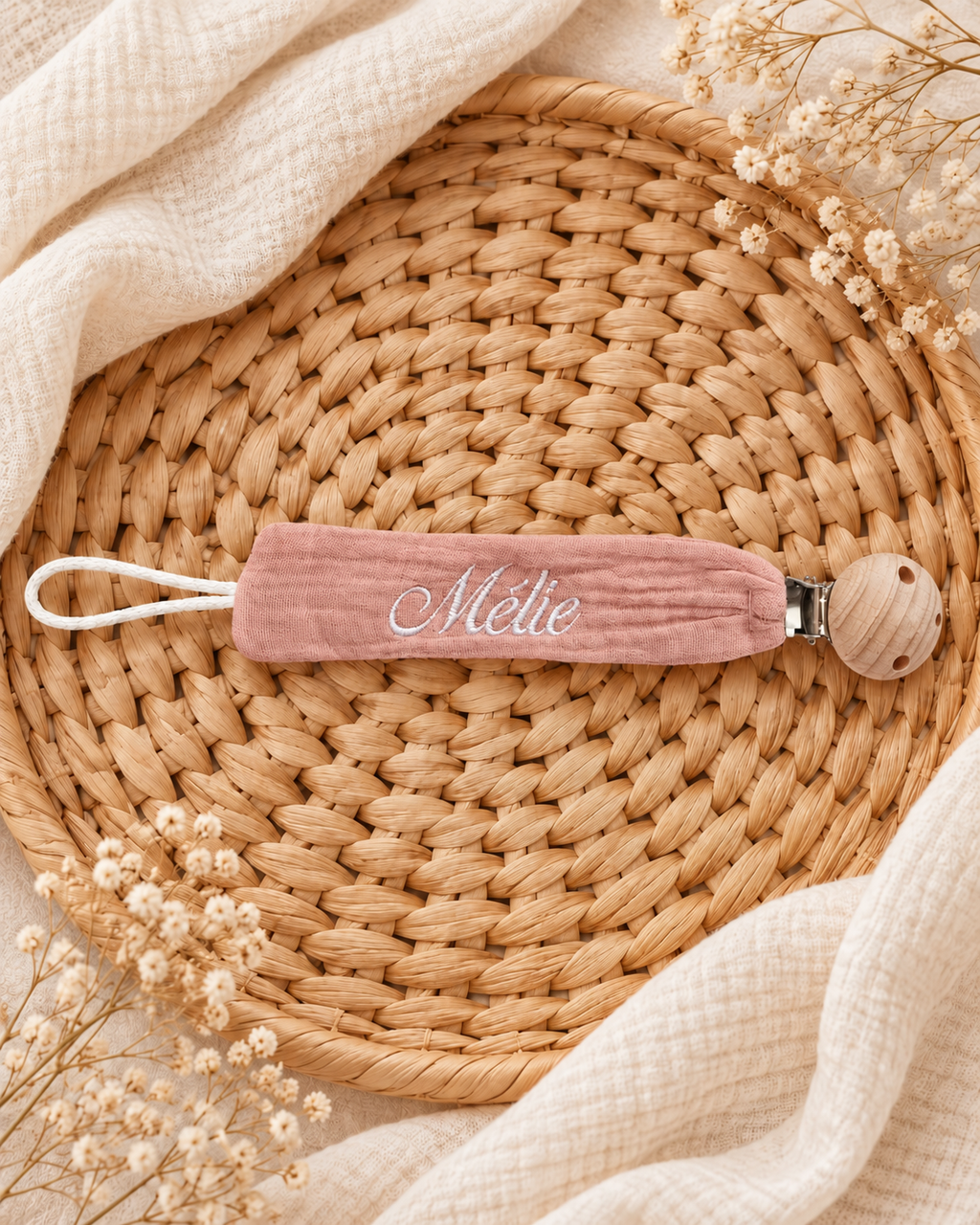 Attache-tétine personnalisée bébé en gaze de coton