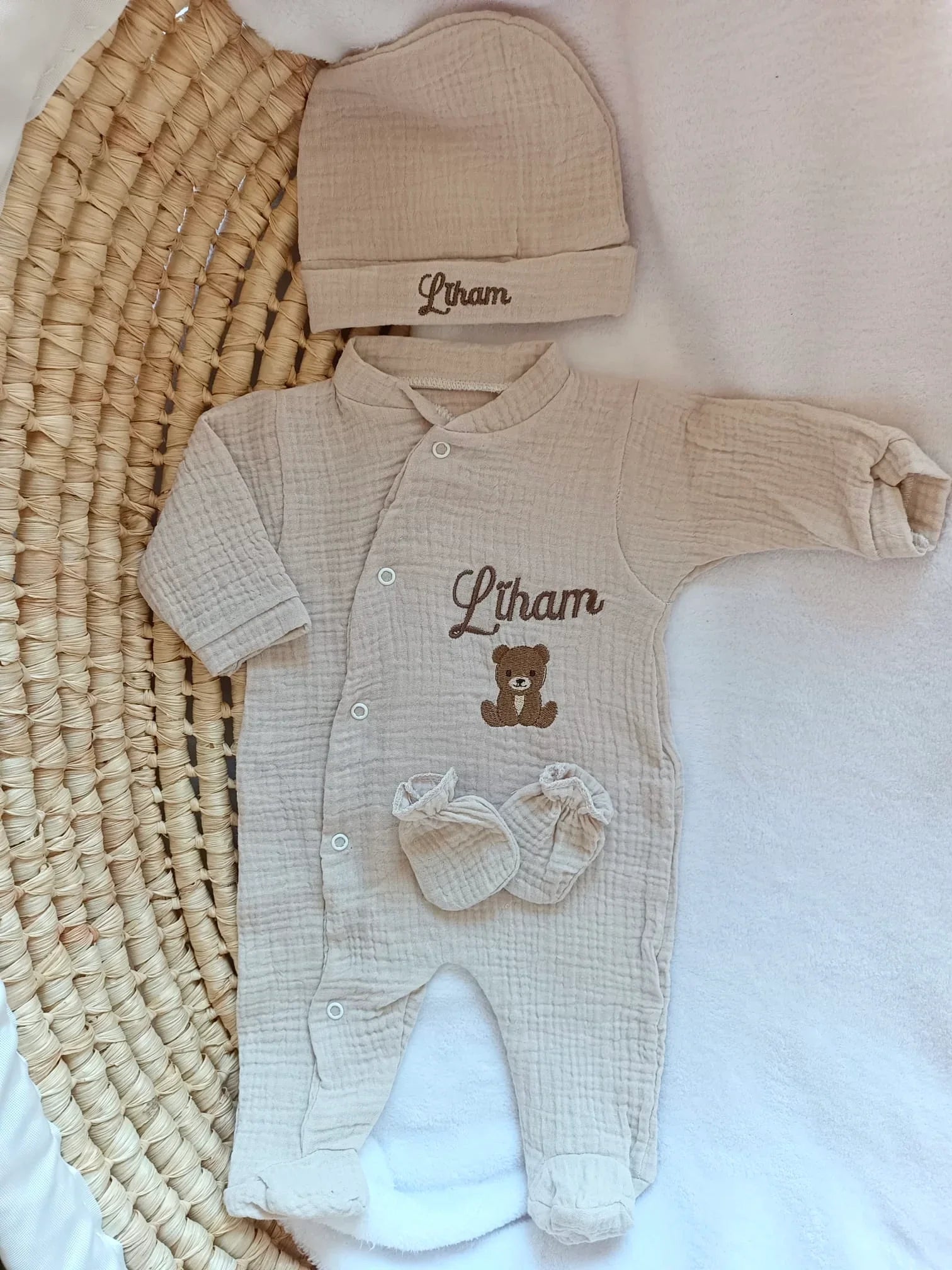 Pyjama naissance personnalisé en gaze de coton – ensemble 3 pièces