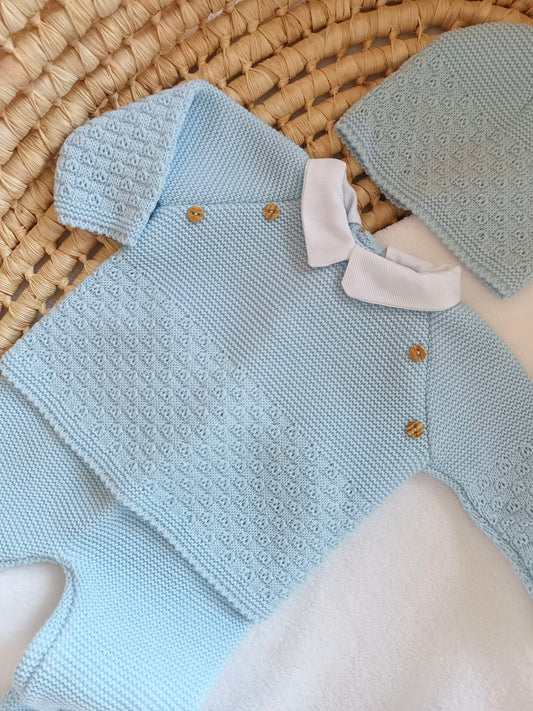 Ensemble complet naissance bleu ciel 0/3 mois avec boutons bois