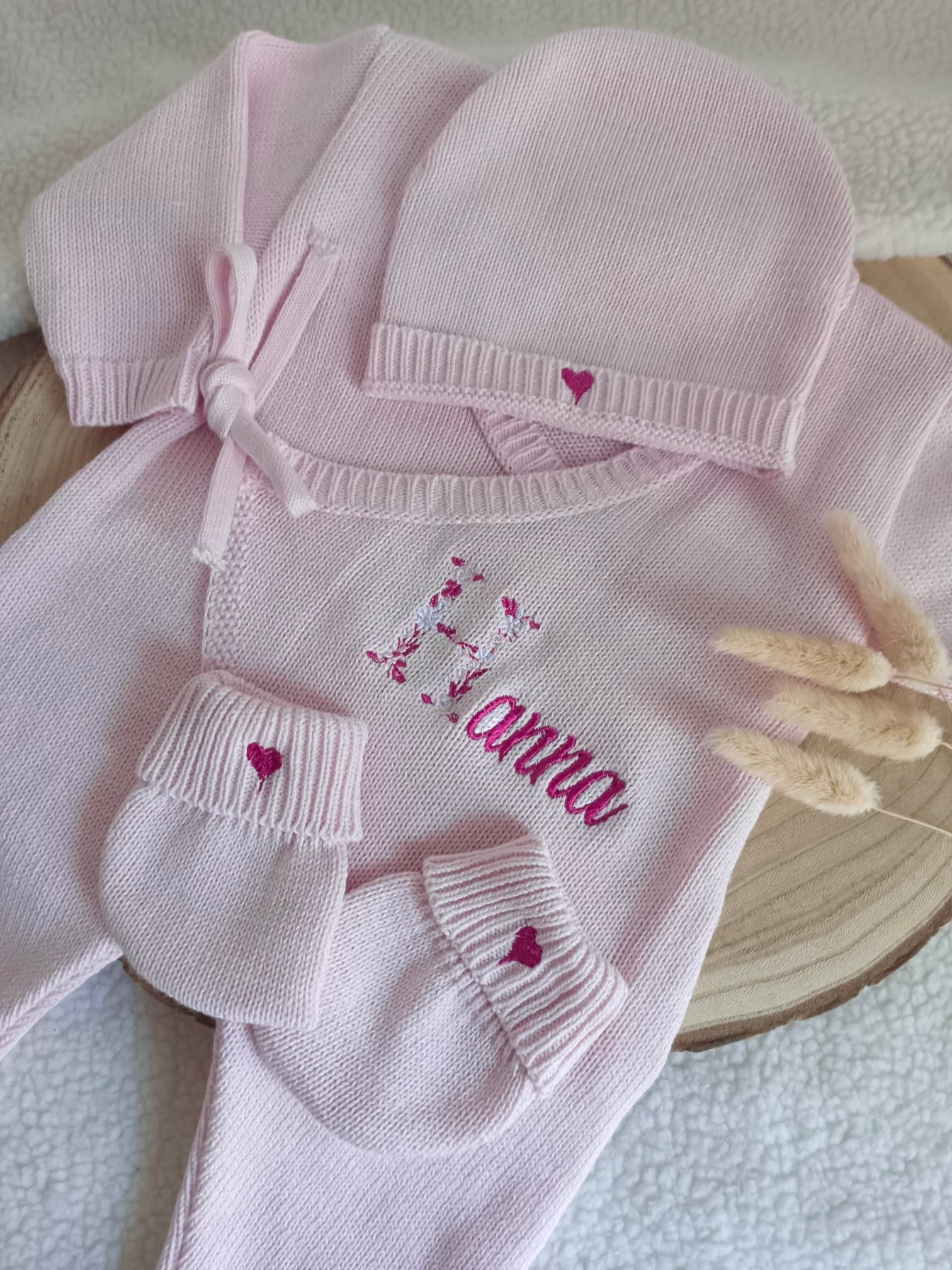 Combinaison rose 100% coton, 3 pièces, 0/3 mois - personnalisable -