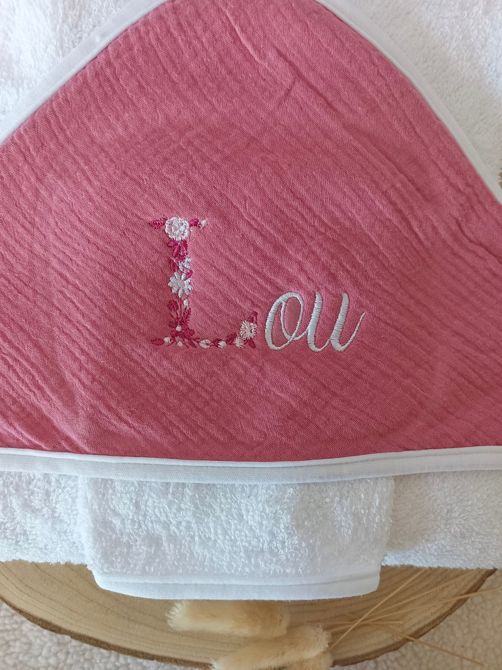 Cape de bain en gaze de coton framboise - personnalisable -