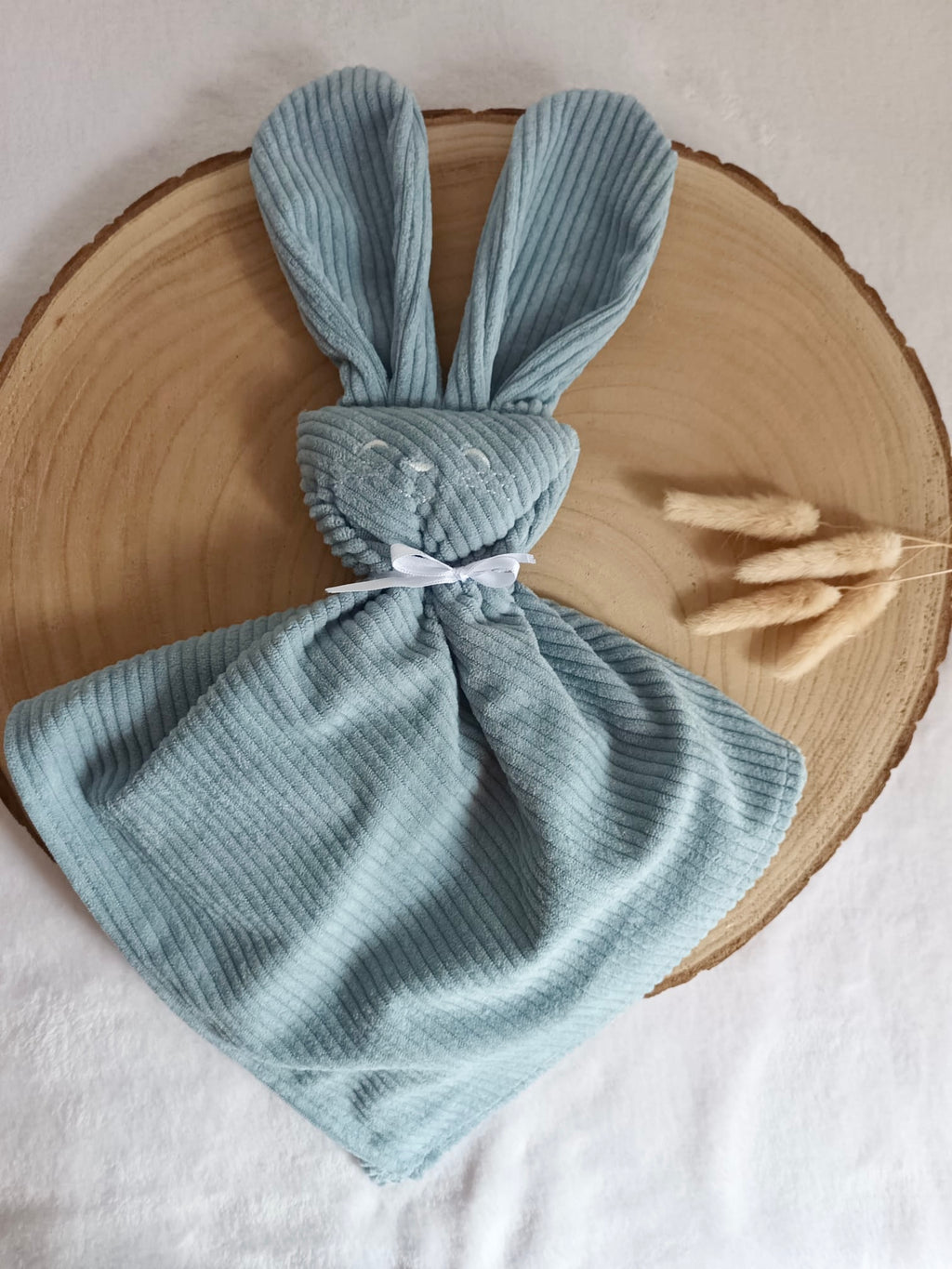 Doudou lapin yeux avec oreilles velours bleu gris