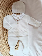Ensemble complet naissance blanc 0/3 mois avec 2 boutons bois