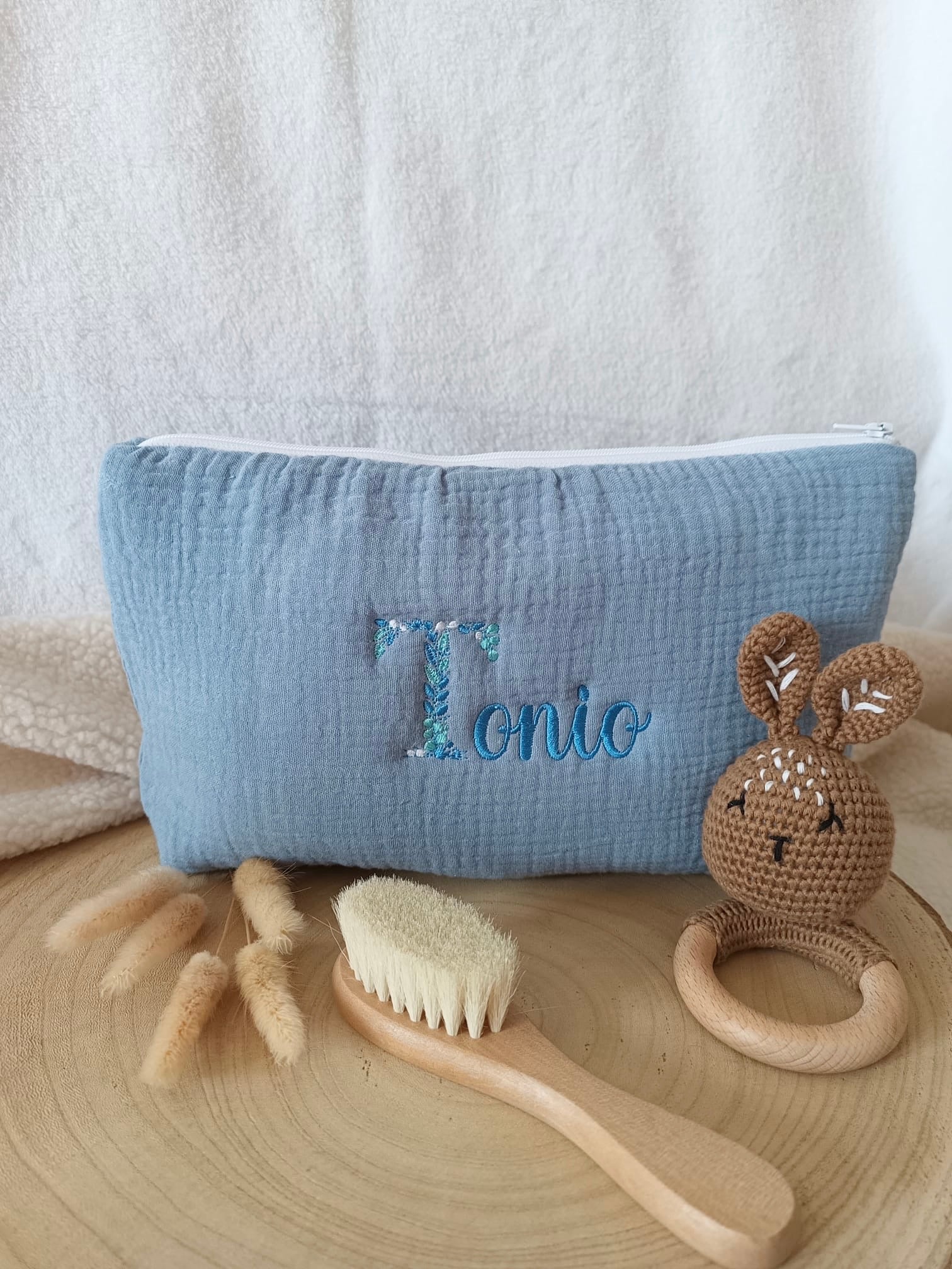 Trousse en gaze de coton bleu denim - personnalisable -