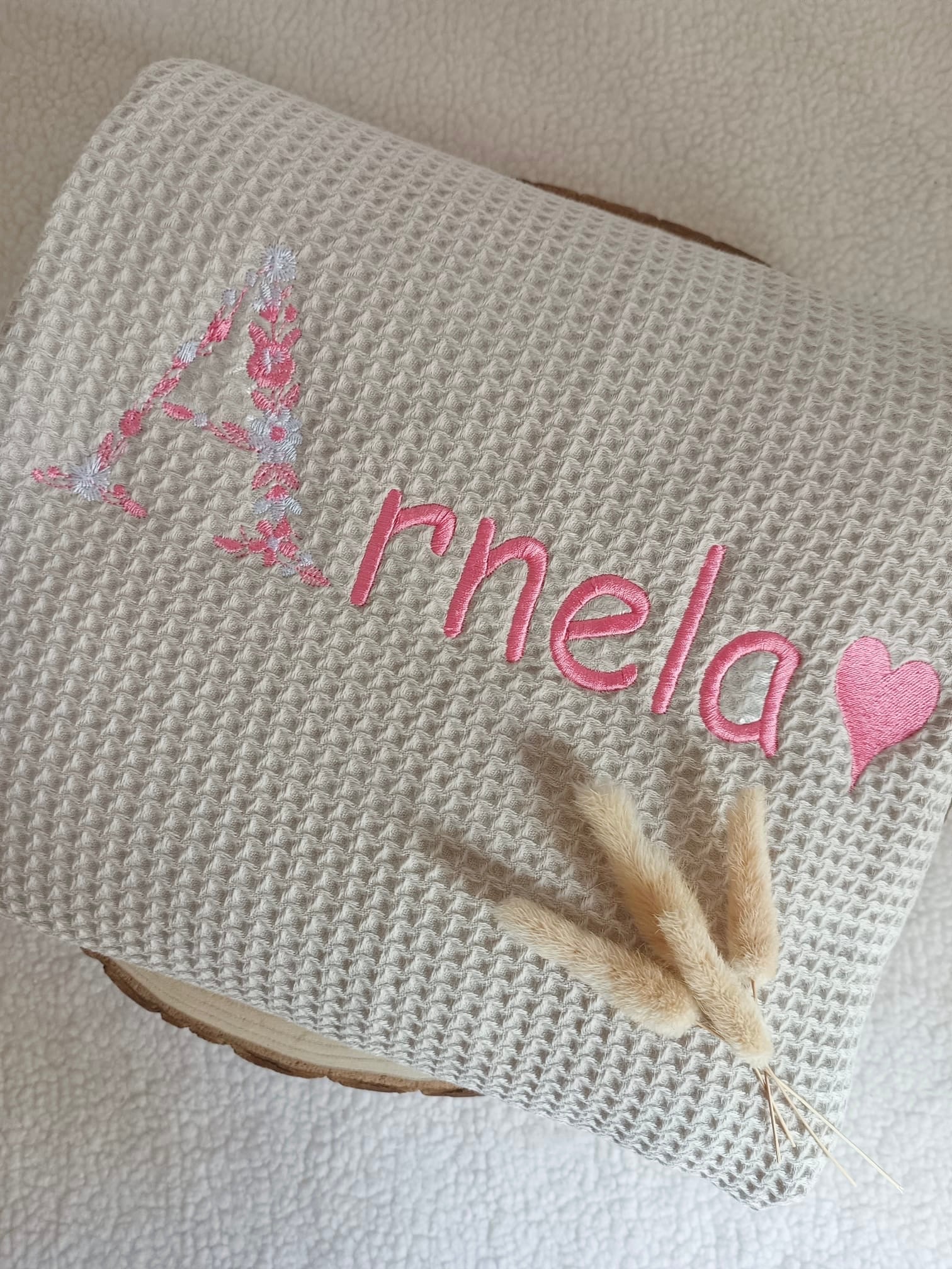 Couverture en nid d’abeille et polaire beige - personnalisable -