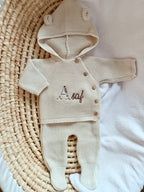 Tenue naissance beige 0/3 mois - oreilles ours - personnalisable - NOUVEAU MODEL AVEC BONNET OREILLES OURS