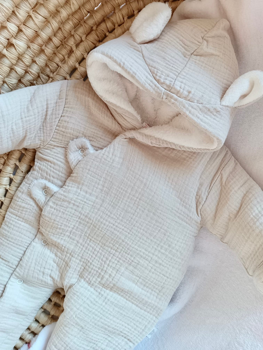 Combinaison pilote en gaze de coton beige avec oreilles - intérieur polaire - personnalisable - 0/3 mois -