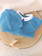 Ensemble complet naissance bleu denim 0/3 mois avec boutons bois