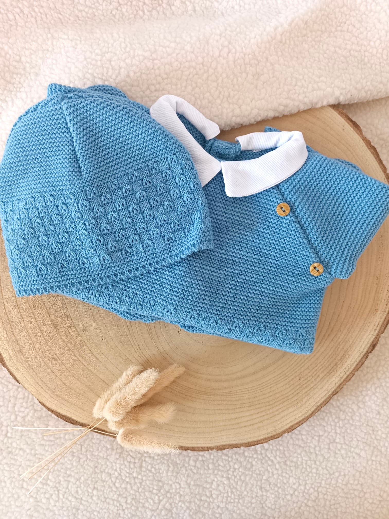 Ensemble complet naissance bleu denim 0/3 mois avec boutons bois