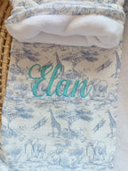 Couverture en gaze de coton safari tons bleuté et polaire blanc - personnalisable -