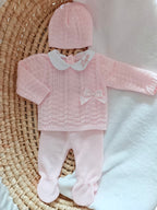 Ensemble complet naissance rose 0/3 mois avec torsade + noeud satiné