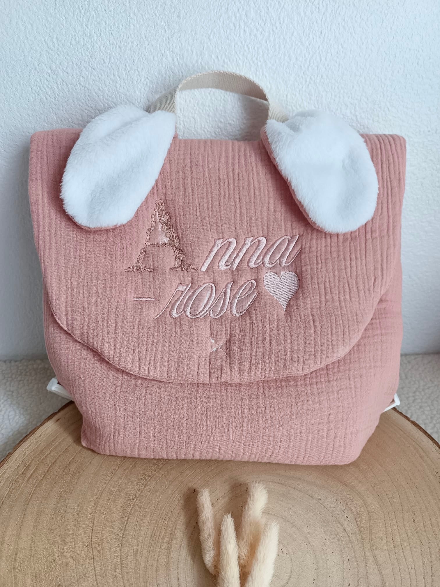 Sac à dos en gaze de coton terracotta avec oreilles blanche - personnalisable -