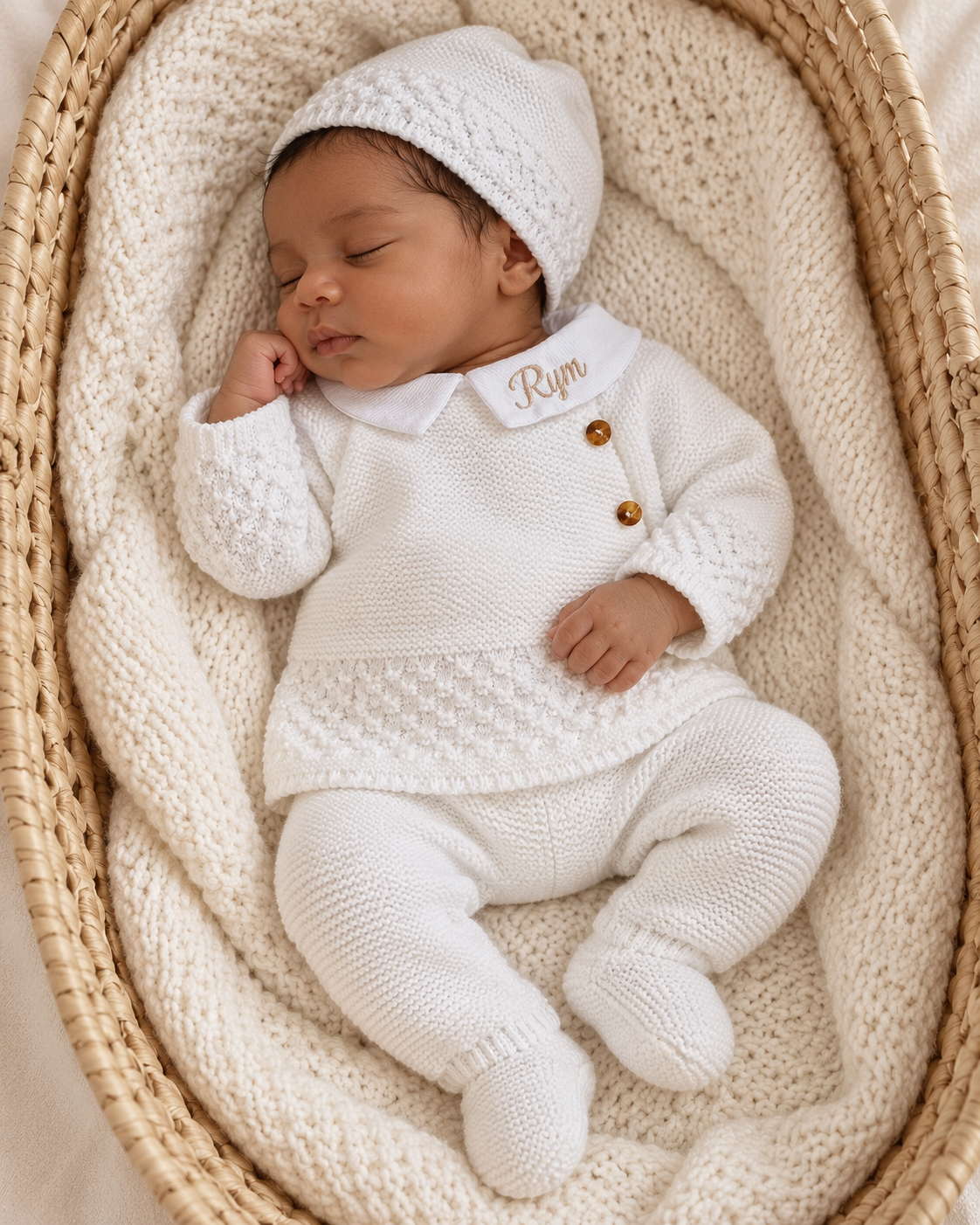 Ensemble naissance en maille personnalisé - Petit Trésor