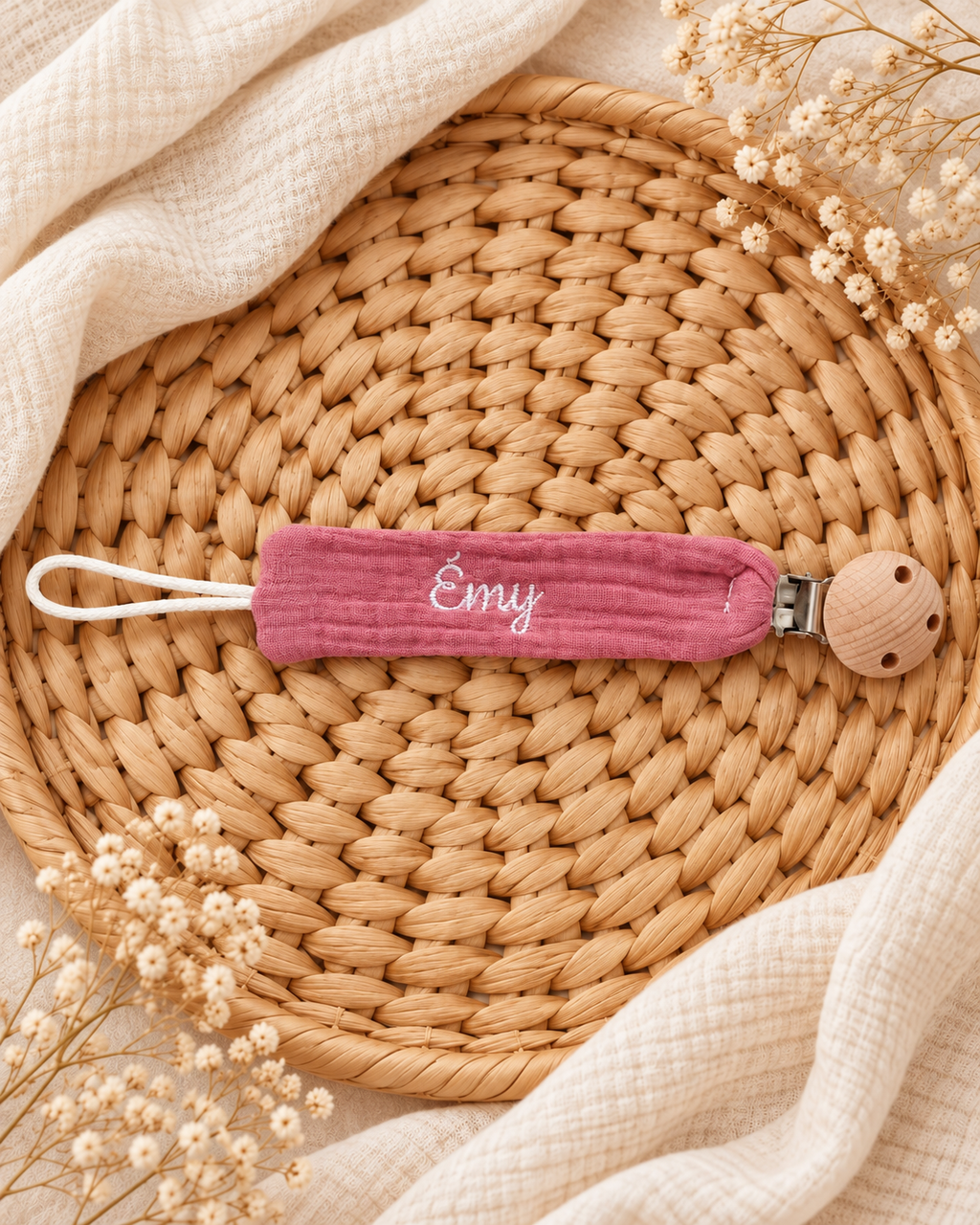 Attache-tétine personnalisée bébé en gaze de coton