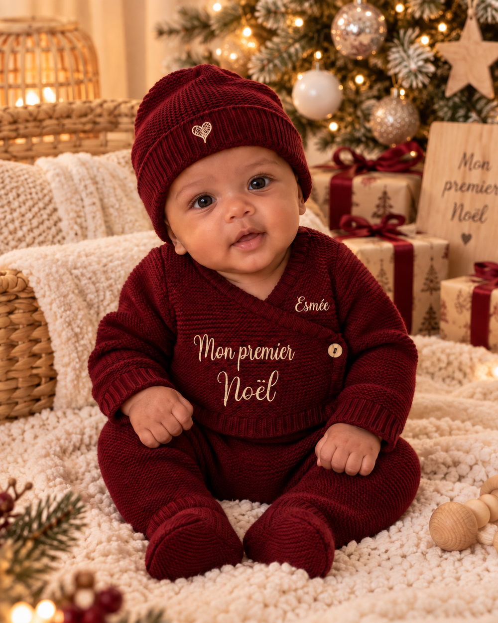 Ensemble bébé brodé « Mon premier Noël » – 4 pièces personnalisable