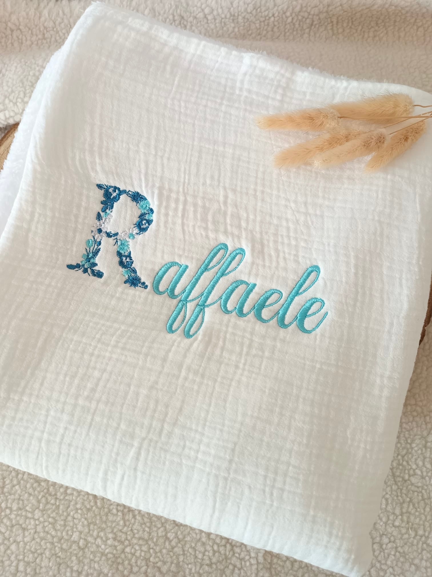 Couverture en gaze de coton et polaire blanc - personnalisable -
