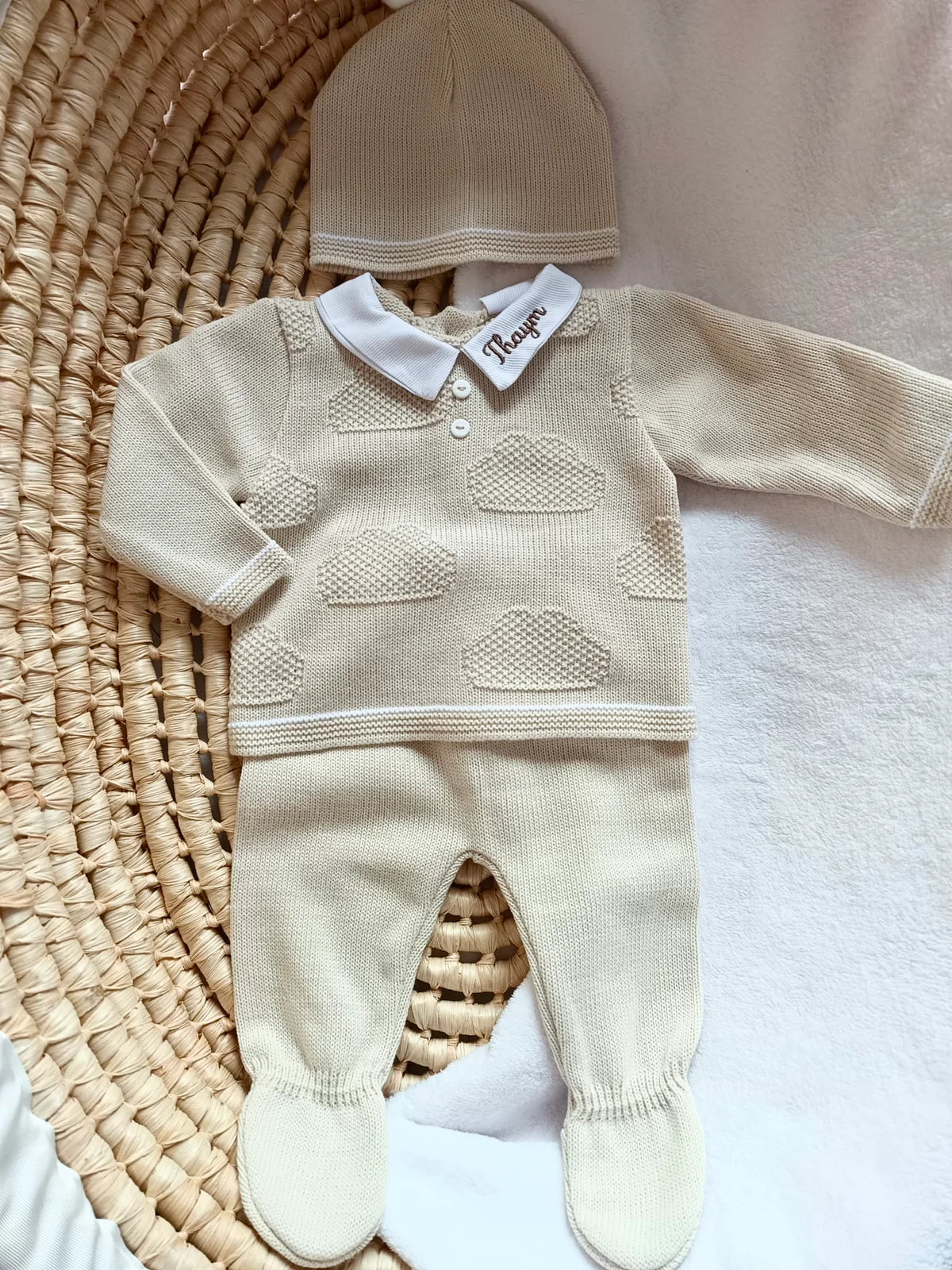 Ensemble complet naissance beige/blanc détails nuage 0/3 mois