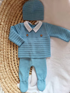 Ensemble complet bleuté avec 2 boutons bois 0/3 mois