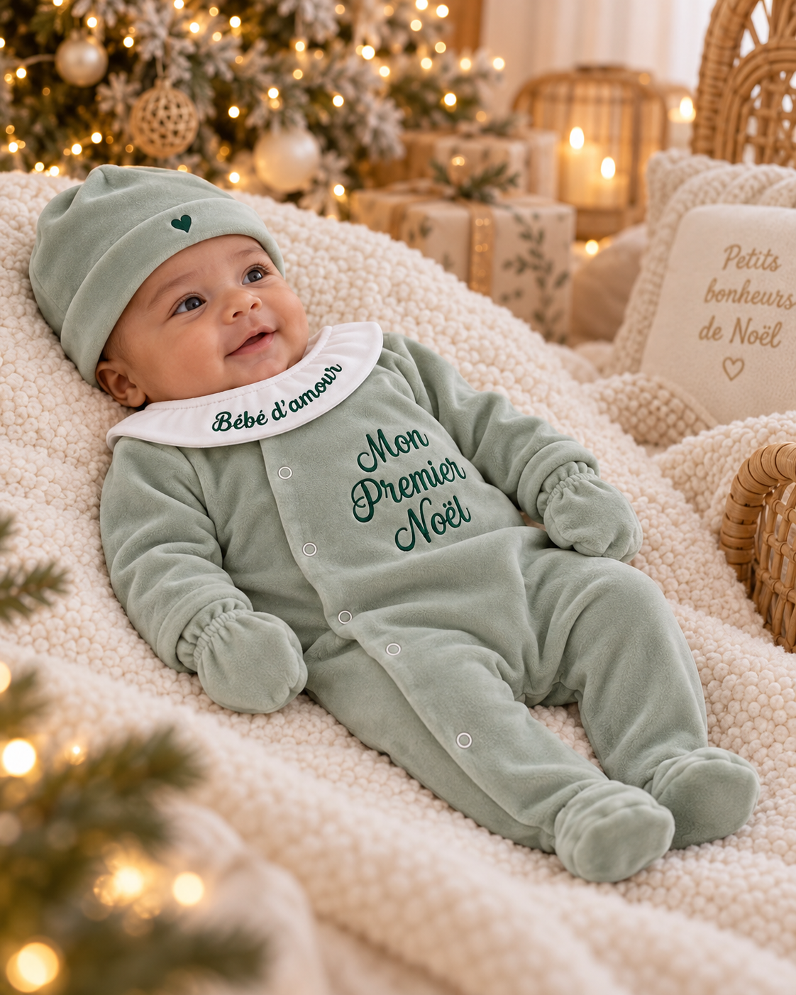 Ensemble bébé Mon Premier Noel brodé - 4 pièces en velours - 0/3 mois