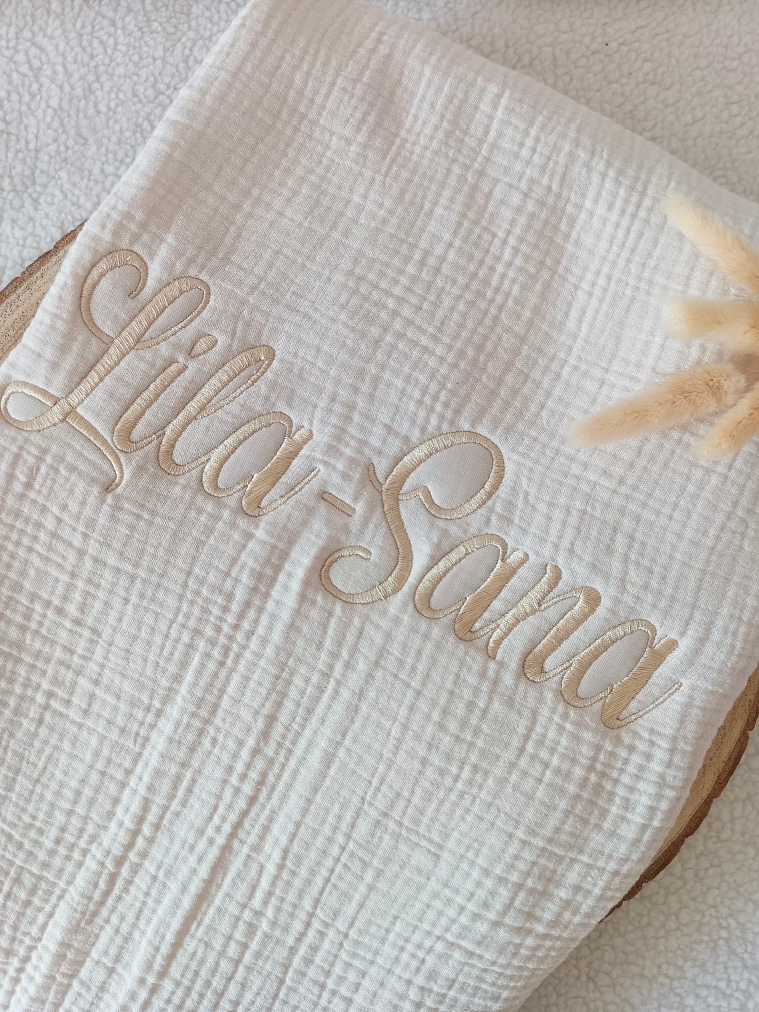 Couverture en gaze de coton et polaire beige - personnalisable -