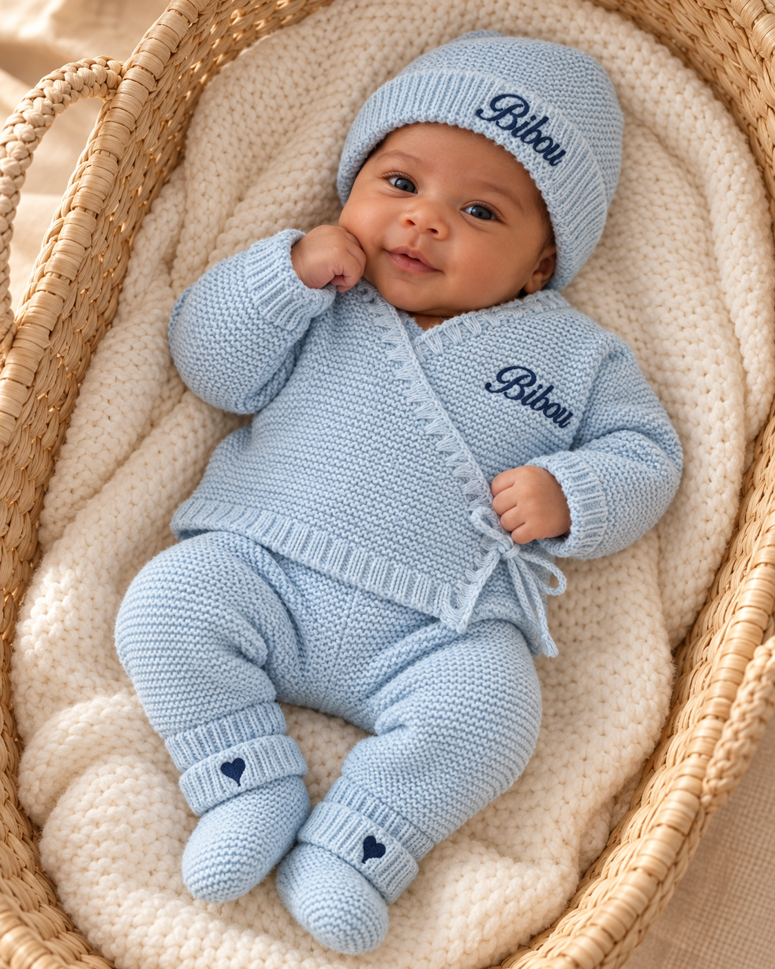 Tenue de naissance personnalisée 4 pièces en maille – Bébé 0-3 mois