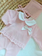 Ensemble complet naissance rose avec noeud satiné blanc 0/3 mois