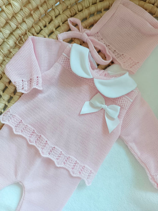 Ensemble complet naissance rose avec noeud satiné blanc 0/3 mois