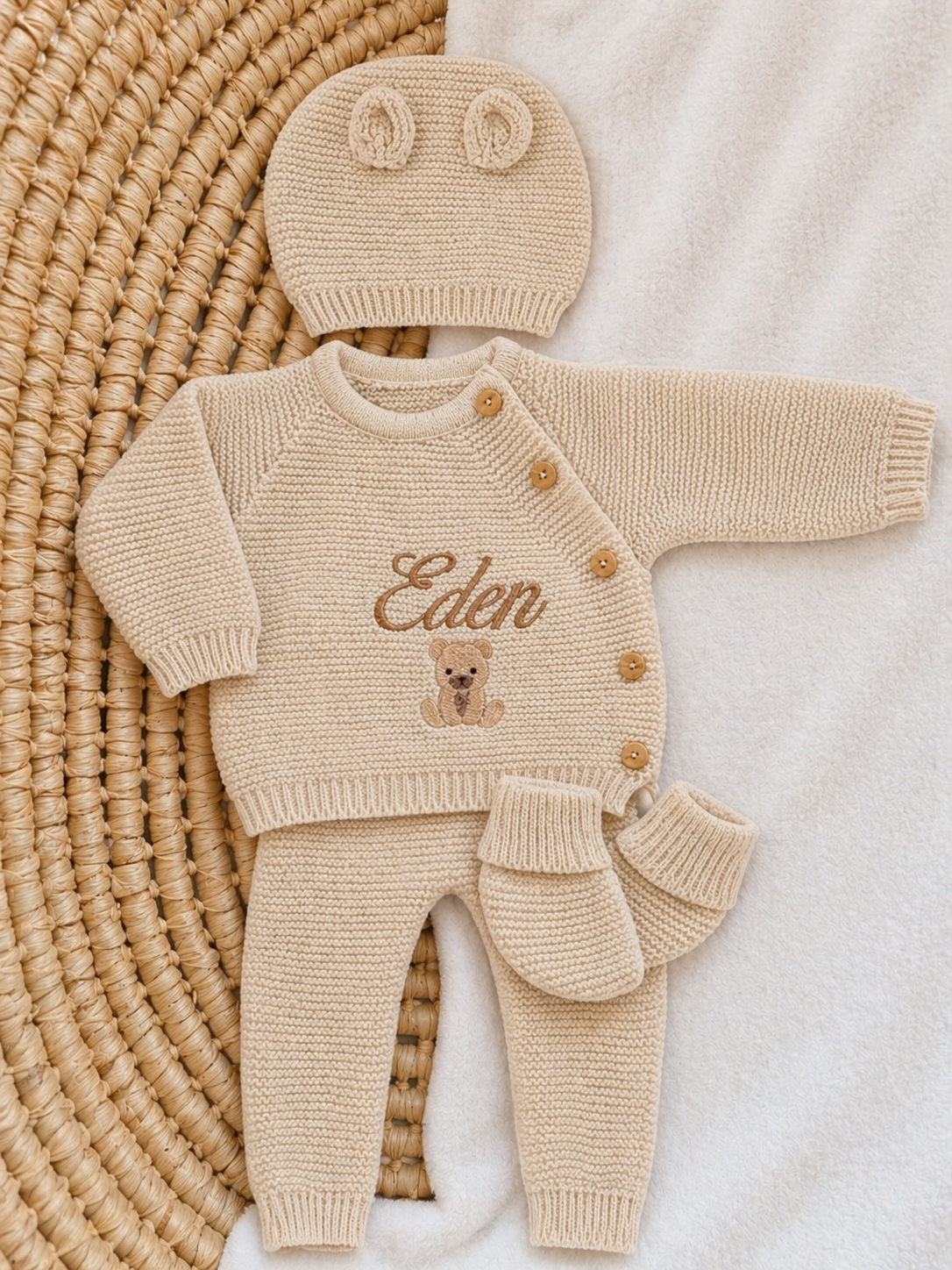 Tenue de naissance personnalisée 4 pièces bonnet oreilles ours – 0-3 mois