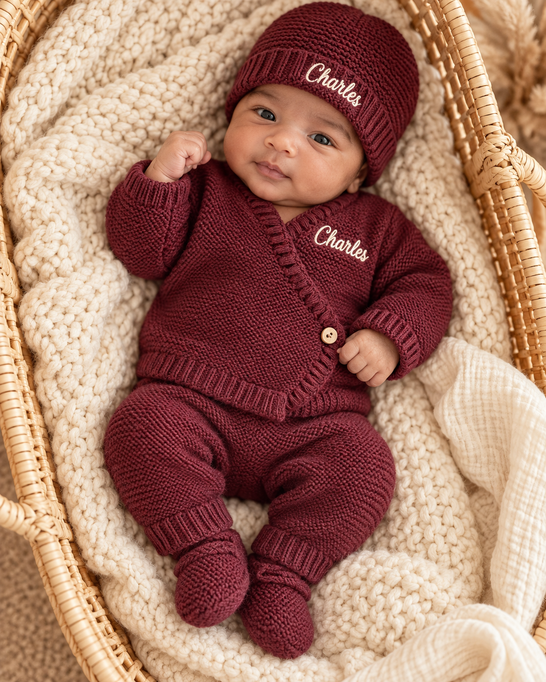 Tenue de naissance personnalisée 4 pièces en maille – Bébé 0-3 mois