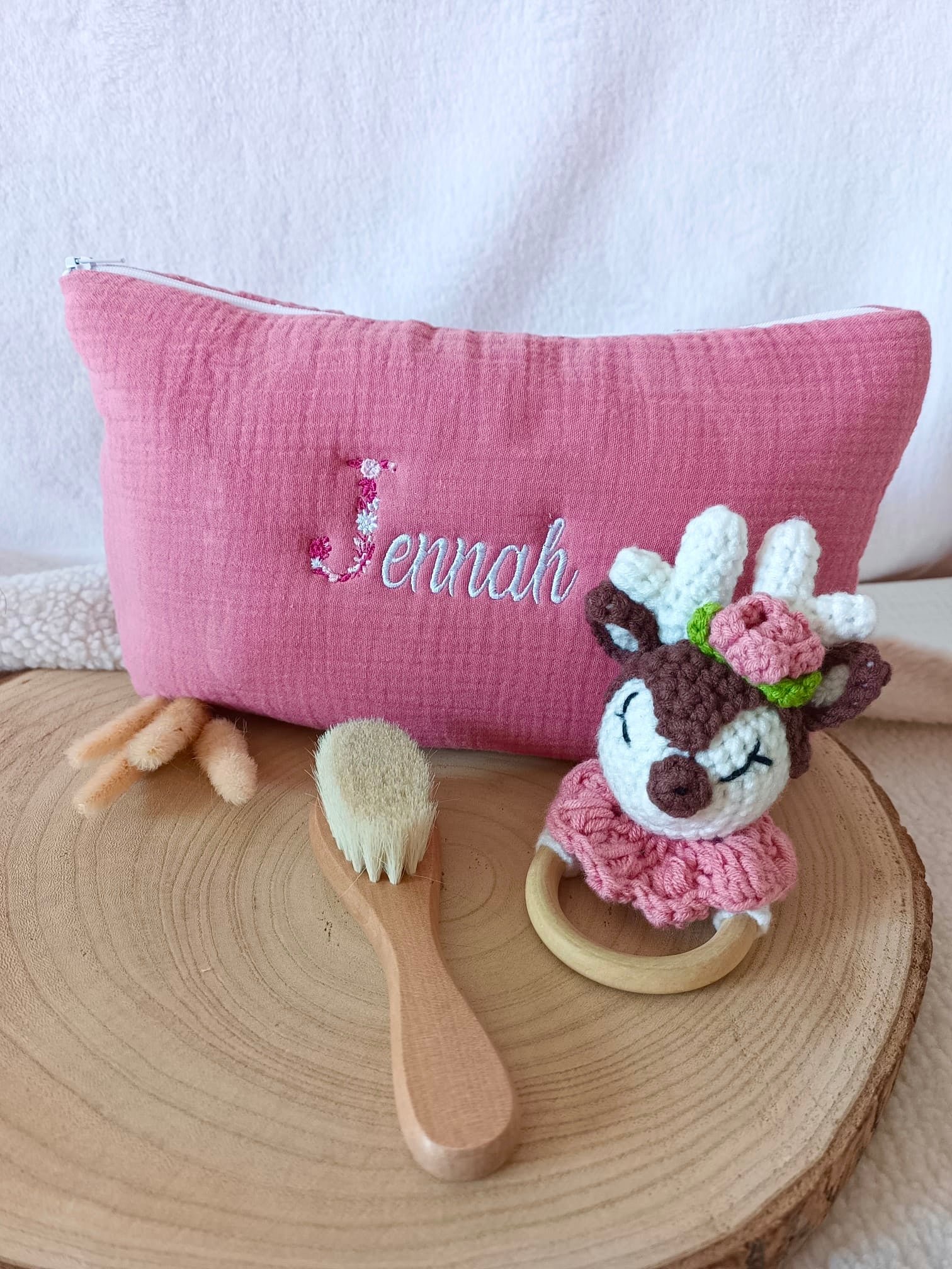 Trousse en gaze de coton framboise - personnalisable -
