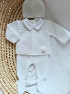 Ensemble complet naissance blanc 0/3 mois avec pompon blanc