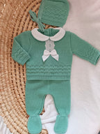 Ensemble complet naissance vert avec dentelle et noeud satiné blanc 0/3 mois