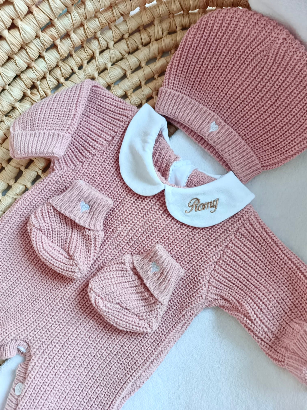 Combinaison maille vieux rose avec col blanc - 0/3 mois - personnalisable