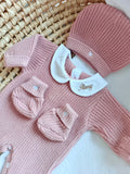 Combinaison maille vieux rose avec col blanc - 0/3 mois - personnalisable