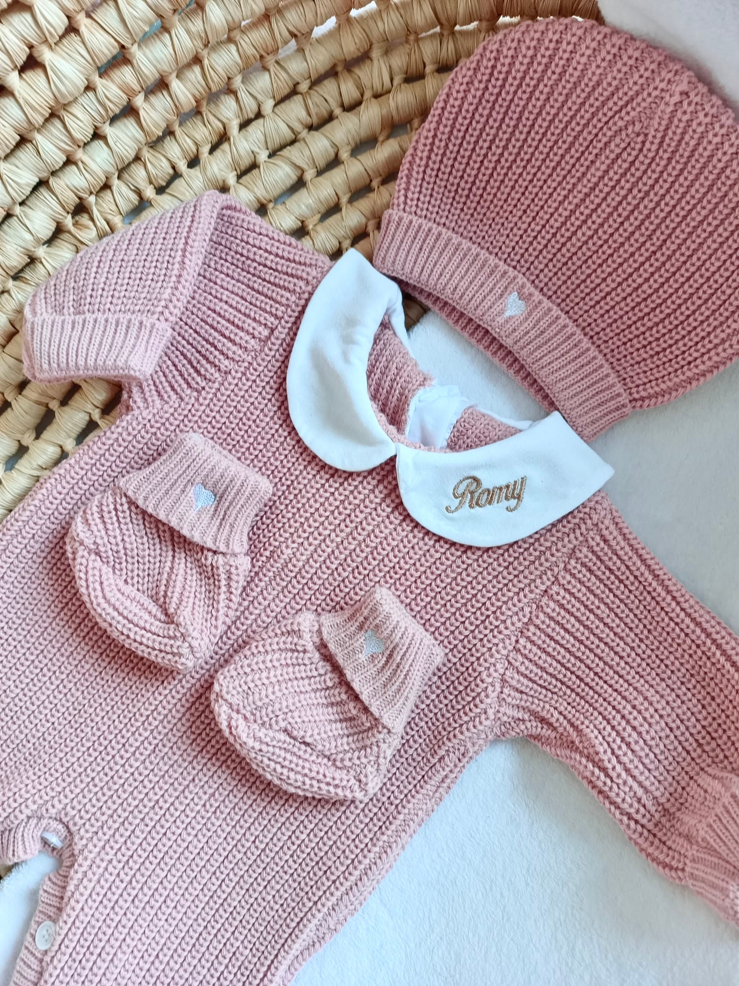 Combinaison maille vieux rose avec col blanc - 0/3 mois - personnalisable