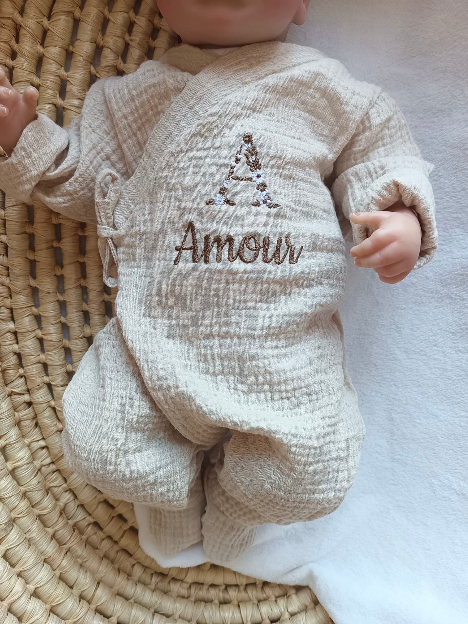 Pyjama cache cœur beige 100% coton