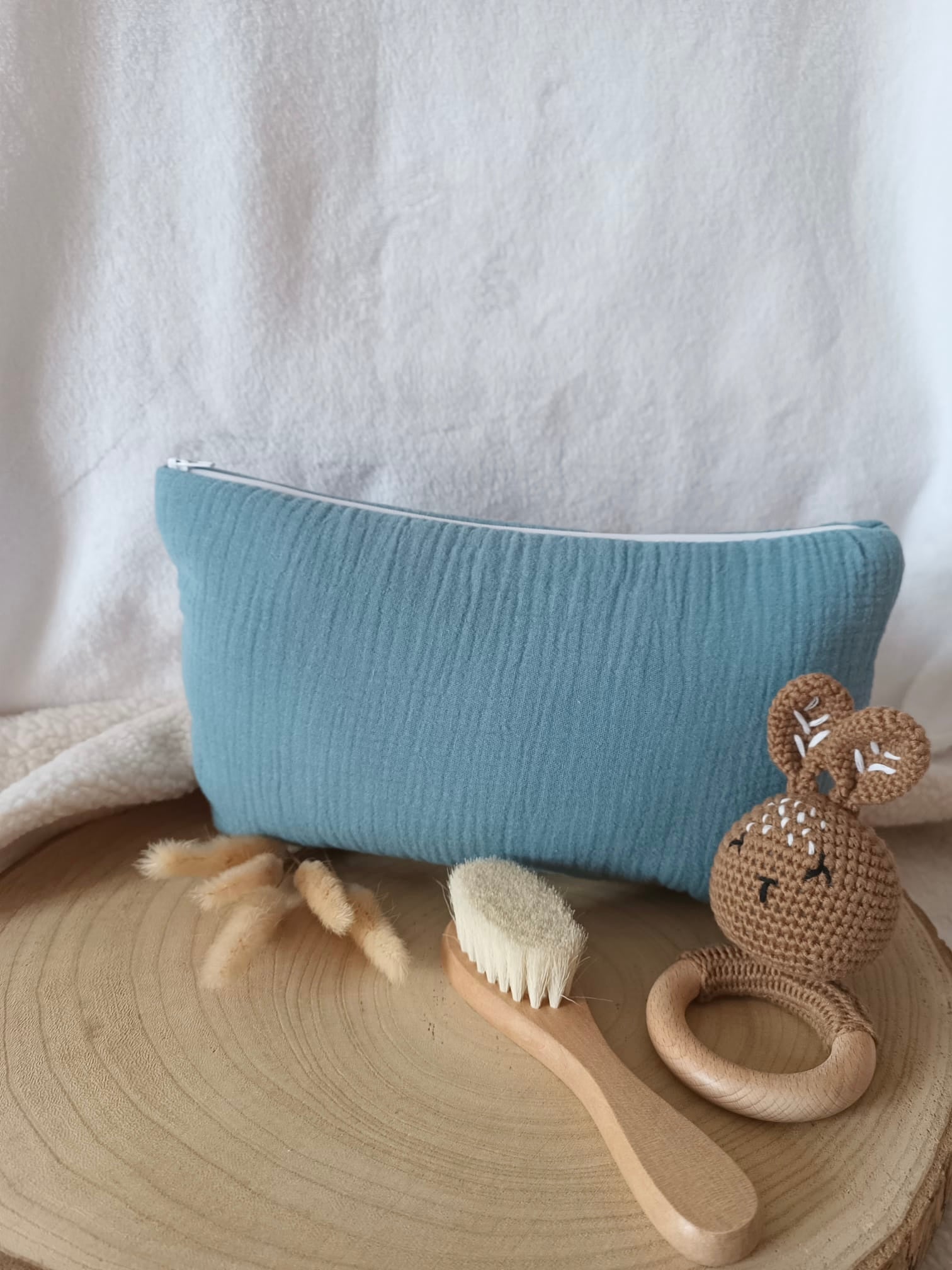 Trousse en gaze de coton bleu denim - personnalisable -