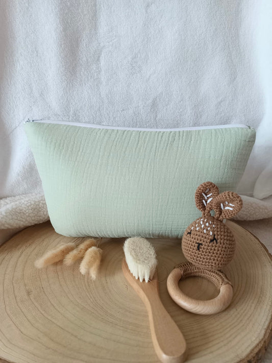 Trousse en gaze de coton vert sauge - personnalisable -