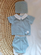 Ensemble complet naissance bleu ciel avec pompom 0/3 mois
