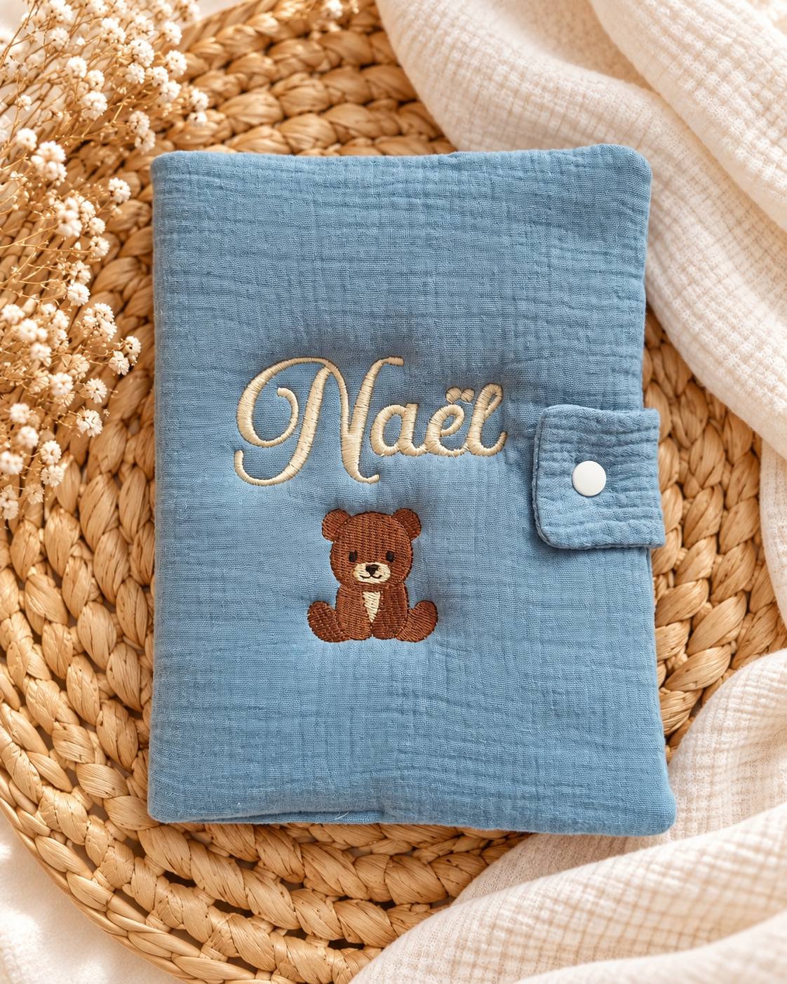 Protège carnet de santé personnalisé bébé en gaze de coton