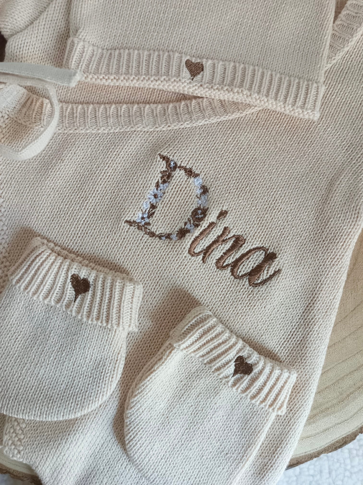 Combinaison beige 100% coton, 3 pièces, 0/3 mois - personnalisable -