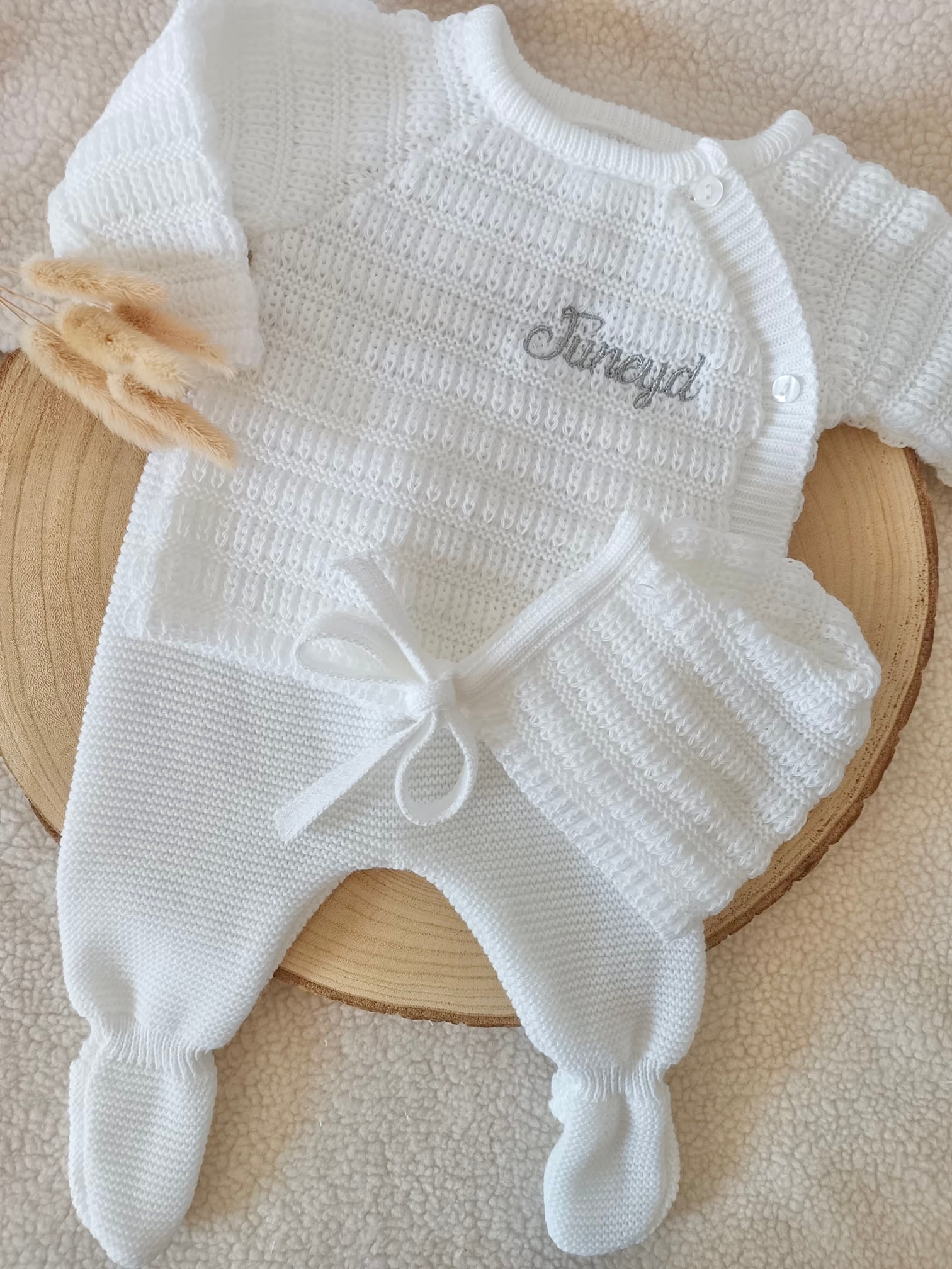 Ensemble naissance maille blanc à boutons blanc 0/3 mois - personnalisable -