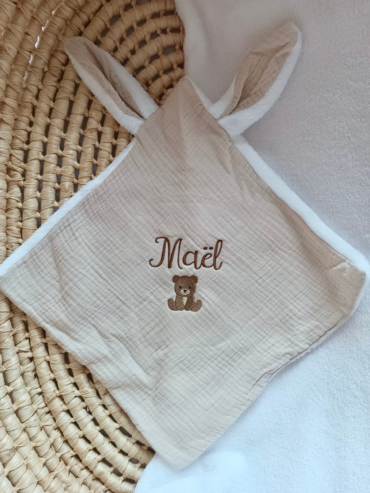 Doudou lange gaze de coton et polaire - beige - personnalisable -
