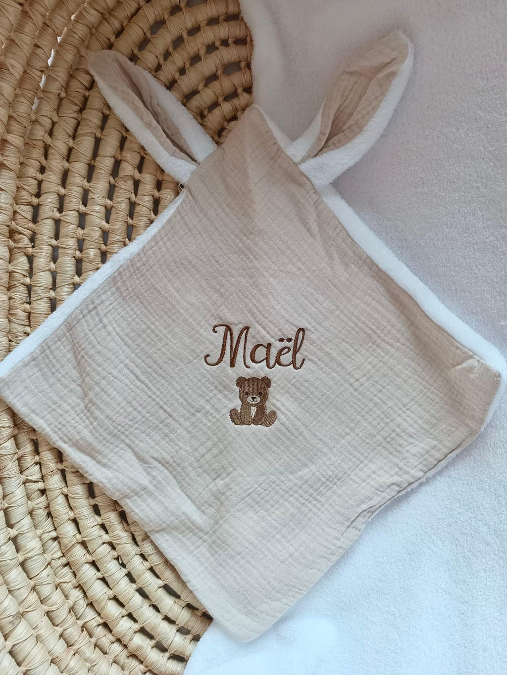 Doudou lange personnalisé bébé en gaze de coton