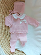 Ensemble complet naissance rose avec noeud satiné blanc 0/3 mois