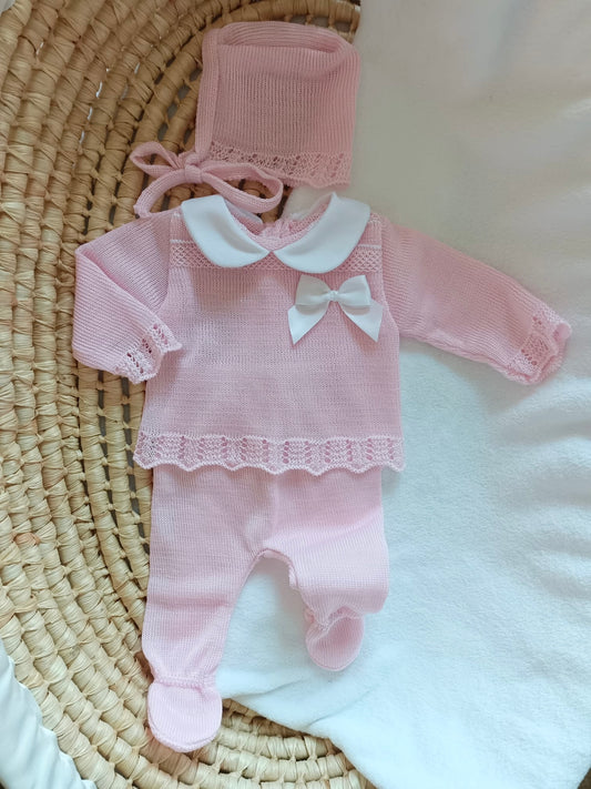 Ensemble complet naissance rose avec noeud satiné blanc 0/3 mois