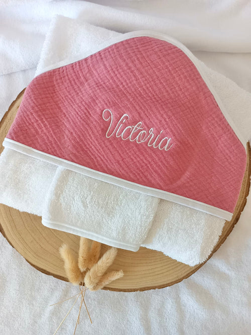 Cape de bain en gaze de coton framboise - personnalisable -