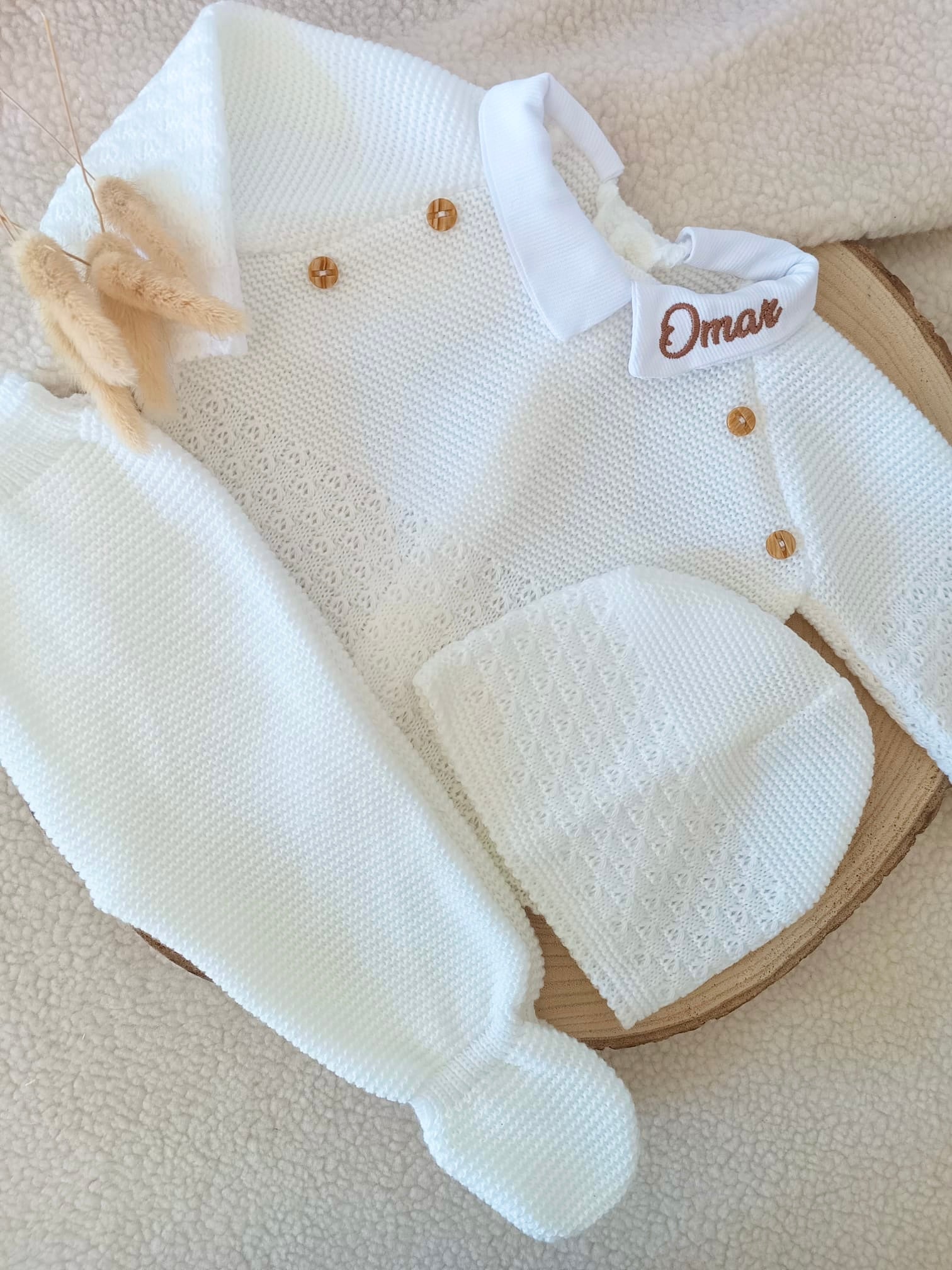 Ensemble complet naissance blanc 0/3 mois avec boutons bois
