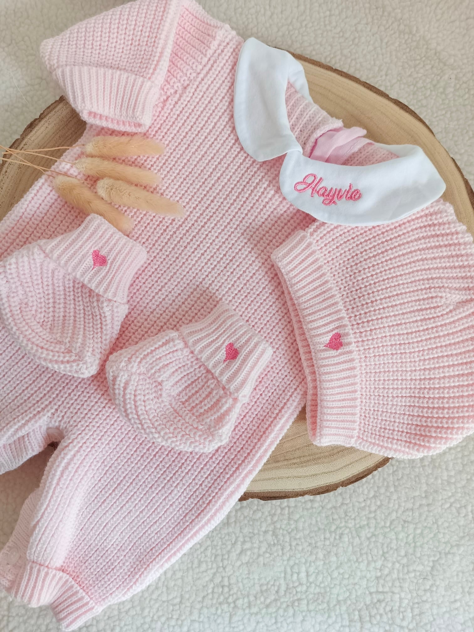 Combinaison maille rose avec col blanc - 0/3 mois - personnalisable