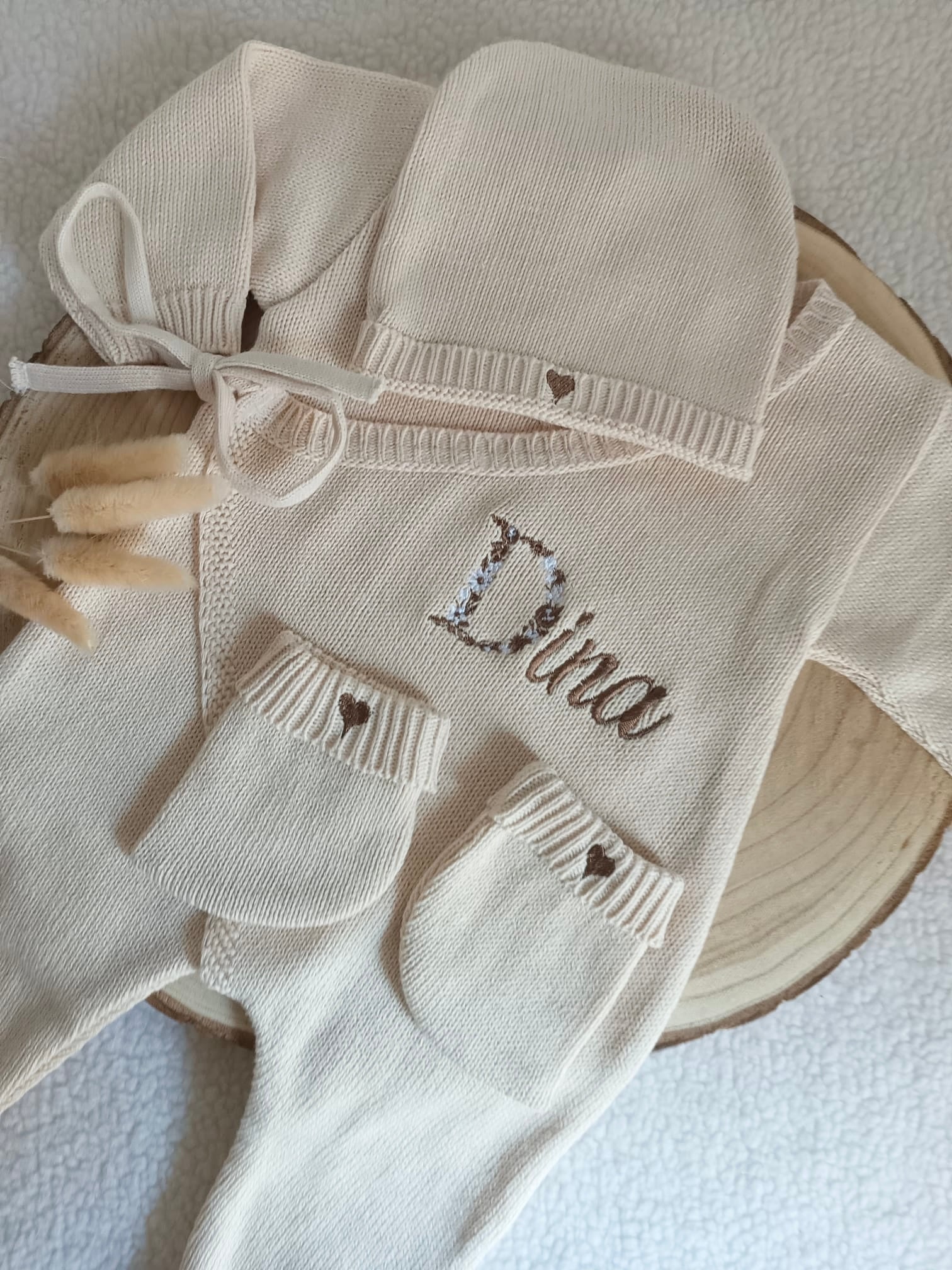 Combinaison beige 100% coton, 3 pièces, 0/3 mois - personnalisable -